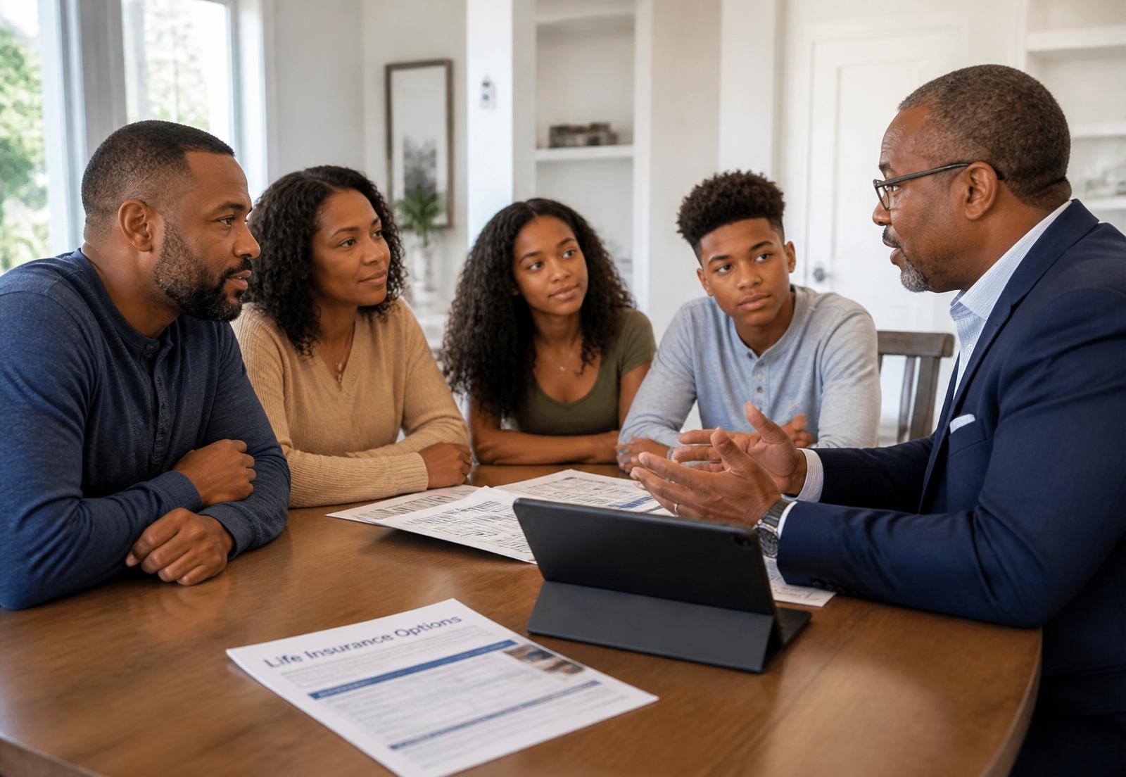 John Blocker meeting with a family at their dining table to review life insurance options